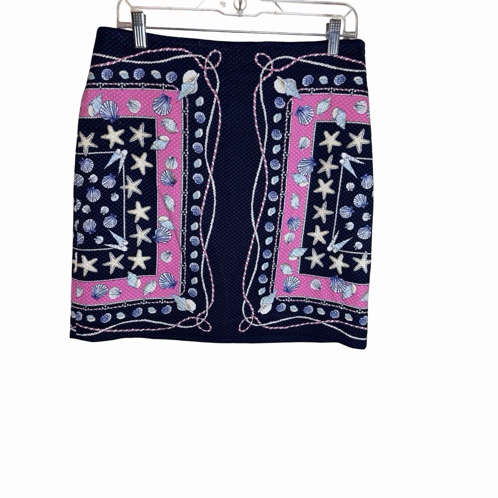 Talbots Nautical Print Pencil Skirt Sz 8P Navy Pink Sea Shell Starfish Side Zip